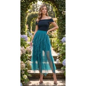 Sincerely Jules Tulle Midi Skirt Teal Blue Layered Ruffle High Low Women's Large